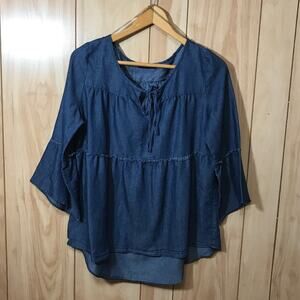 Robert Louis Denim Round Neck 3/4 Bell Sleeve Top L